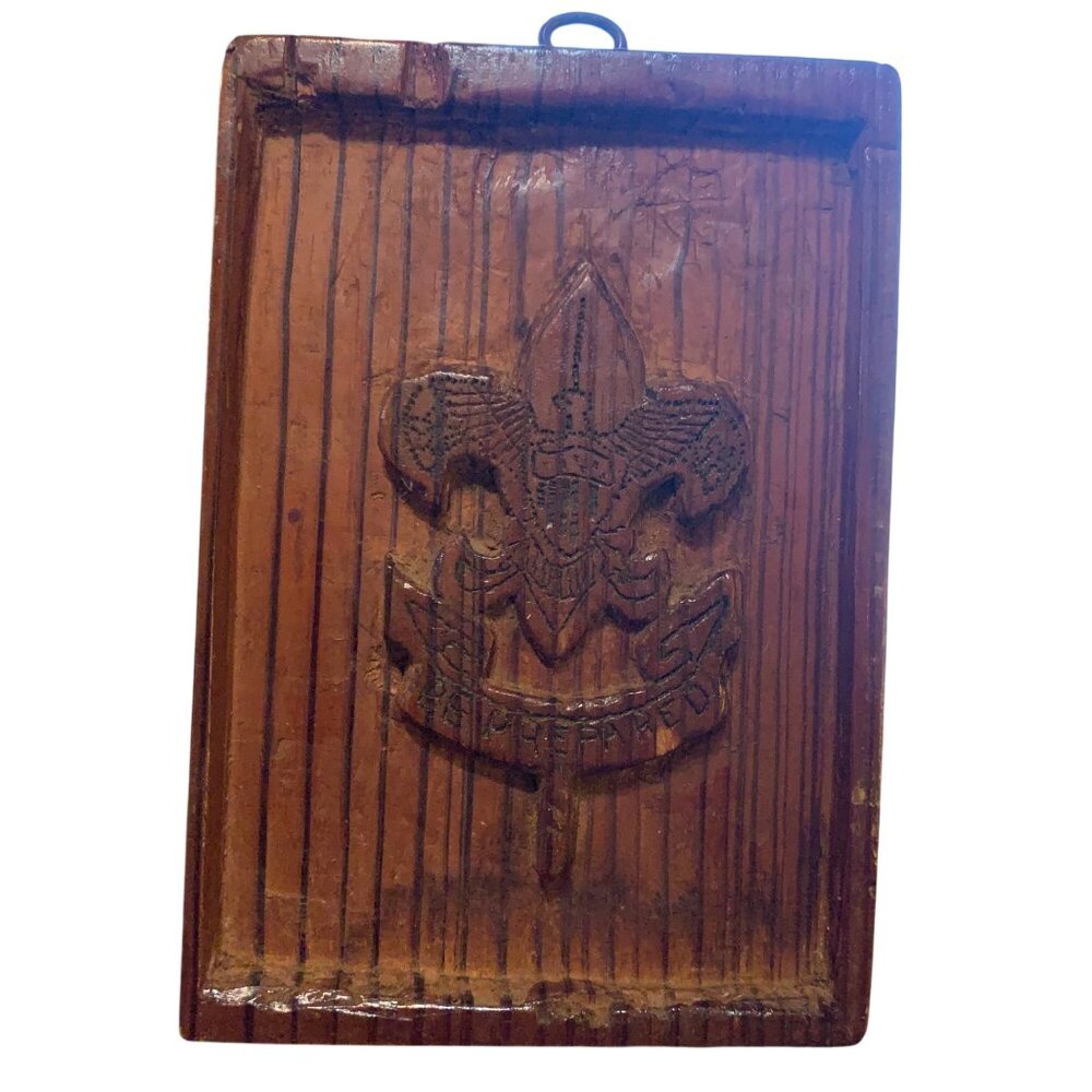 Primitive Hand Carved Wood Plaque Boy Scouts Folk Art 1930s Decor Collectible